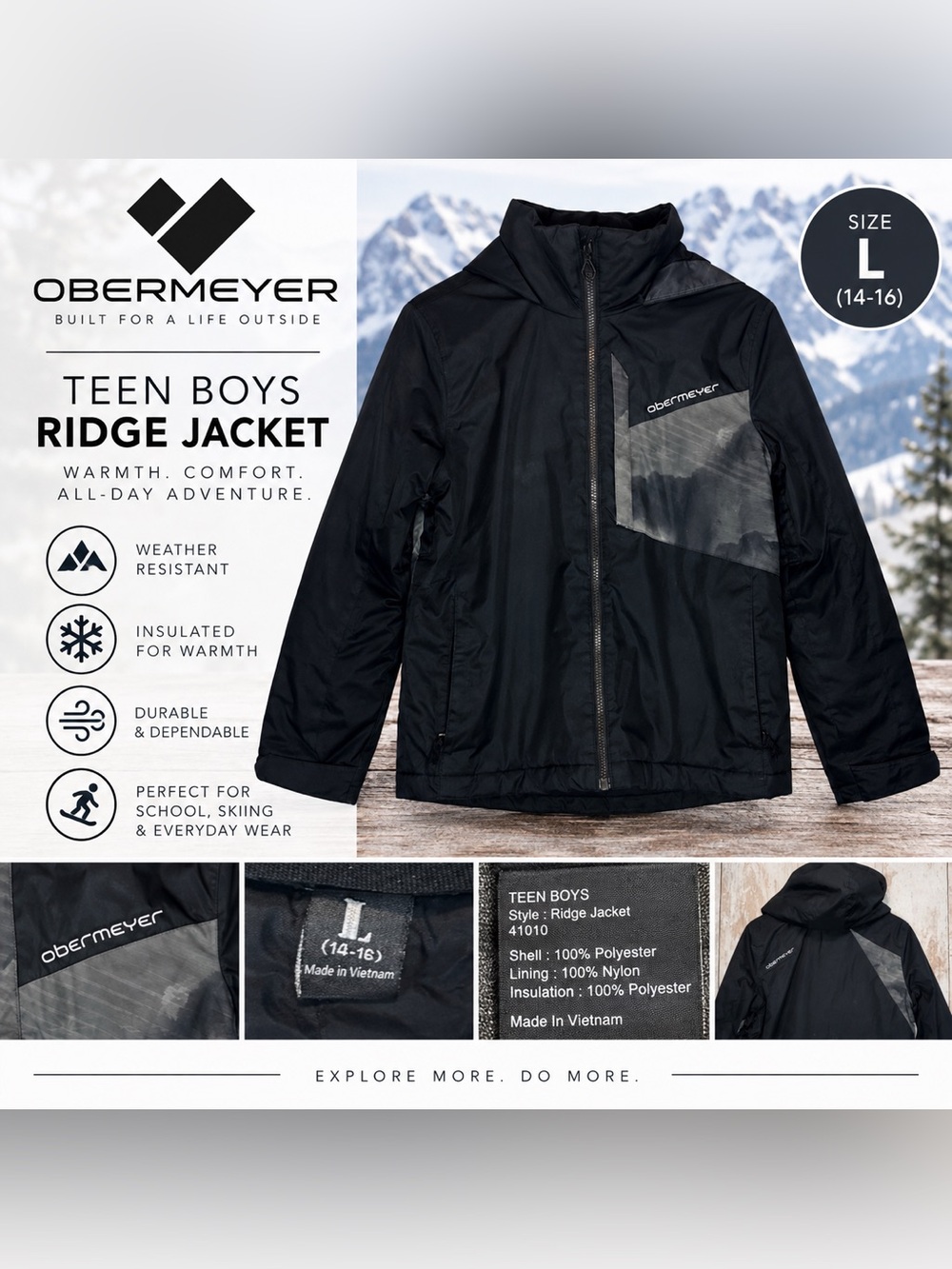 Obermeyer Ridge Jacket Teen Boys Size L 14-16 Black Insulated Hooded Ski Coat